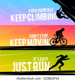 Vector sports web banner. Motivational concept. The silhouette of the biker. Runner silhouette. Running man. The silhouette of the climber. Extreme outdoor sports.