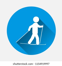 Vector sportsmen icon. Skier icon on blue background. Flat image sportsmen  with long shadow. Layers grouped for easy editing illustration. For your design.