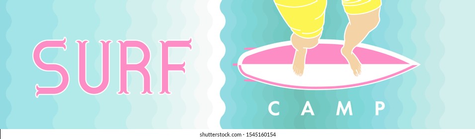 Vector sportsmen Surfer ride board. Ocean waves and Surfing lettering. Surfboard camp logotype banner. Vector ocean sports camp, logotype trip banner.