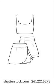 Vector sportswear fashion , shorts, leggings, long short sleeve CAD, women's long sleeveswrapped shirt technical drawing, white color, drawing, template, plain, mock-up. Woven fabric top with front