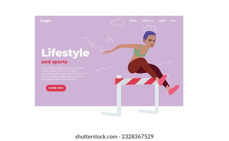 Vector Sporty Cartoon Character Woman Jumping Over Hurdle. Sport Activity. Vector Illustration Concepts for Website Template, Web Page, Landing Page and UI Design.