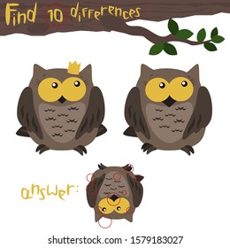 Vector spot the differences game with cute brown owl with big yellow eyes. Leisure activity for kids. 
Mindfulness training.