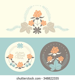 Vector spot graphic with northern flora elements. These compositions  can be used for greeting cards,  cover,  label, poster, sticker, invitation, visit card.Tundra, Nordic design, cloudberry.