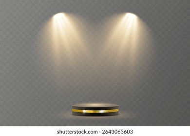 Vector spotlight arcs over center of stage. Spotlight glow highlights dramatic focal point. Multiple beams cross in synchronized balance. Reflected light enhances product pedestal look.