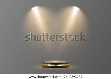 Vector spotlight arcs over center of stage. Spotlight glow highlights dramatic focal point. Multiple beams cross in synchronized balance. Reflected light enhances product pedestal look.