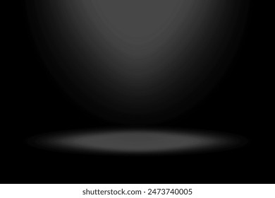 Vector spotlight background. Black gradient shading. Light source above. Dark vignette effect.