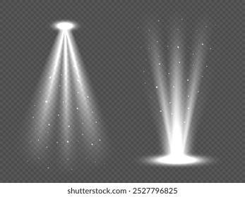 Vector Efecto de brillo del haz de luz. Fuentes de luz, iluminación de conciertos, foco de escenario. La luz rota incluye una fuente de luz, iluminación de estudio, paredes y un PNG. Textura transparente superpuesta de destellos brillantes.