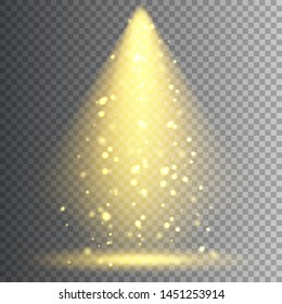 Vector spotlight. Bright Christmas glowing light beam with sparkles. Transparent realistic glitter effect. Stage lighting.