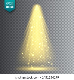 Vector spotlight. Bright Christmas glowing light beam with sparkles. Transparent realistic glitter effect. Stage lighting.