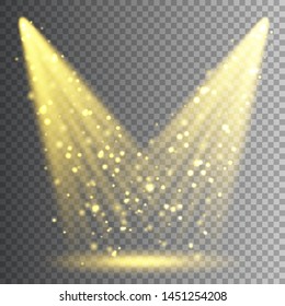 Vector spotlight. Bright Christmas glowing light beam with sparkles. Transparent realistic glitter effect. Stage lighting.