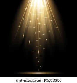 Vector spotlight effect with sequins on black background, light effect, gold color