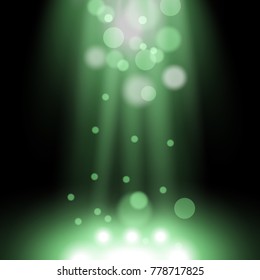 Vector spotlight. Light effect with sparks, particles of light on black background, green color