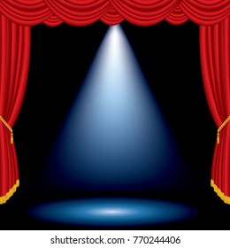 vector spotlight on red curtain stage, show business background