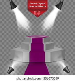 Vector spotlight. Purple podium for presentation . transparent Light effects