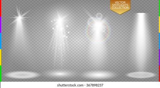 Vector spotlight ray special light effect collection. Illuminated scene set on transparent background. Starlight beam and spark 