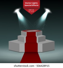 Vector spotlight with red podium. Light effect.