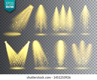 Vector spotlight set. Bright Christmas glowing light beam with sparkles. Transparent realistic glitter effect. Stage lighting.