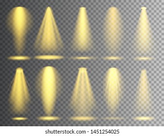Vector spotlight set. Bright Christmas glowing light beam. Transparent realistic effect. Stage lighting.