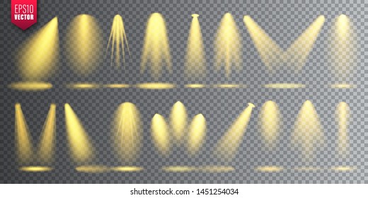 Vector spotlight set. Bright Christmas glowing light beam. Transparent realistic effect. Stage lighting.