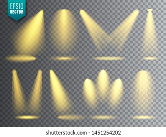 Vector spotlight set. Bright Christmas glowing light beam. Transparent realistic effect. Stage lighting.