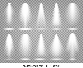 Vector spotlight set. Bright light beam. Transparent realistic effect. Stage lighting.