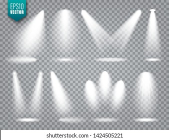 Vector spotlight set. Bright light beam. Transparent realistic effect. Stage lighting.