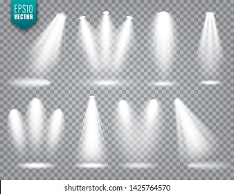 Vector spotlight set. Bright light beam. Transparent realistic effect. Stage lighting.