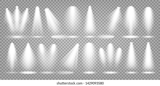 Vector spotlight set. Bright light beam. Transparent realistic effect. Stage lighting.