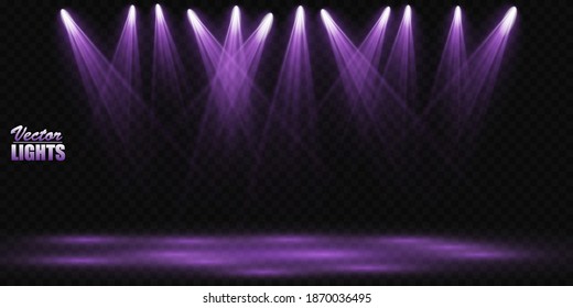 
Vector spotlight set. Bright light beam. Transparent realistic effect. Stage lighting. Backlit studio spotlights.