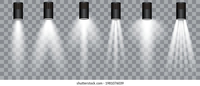Vector spotlight set. Bright light beam. Transparent realistic effect. Stage lighting template.