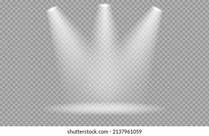 Vector spotlight set. Bright light beam. Transparent realistic effect. Stage lighting.