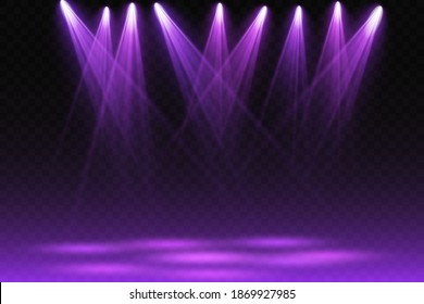 
Vector spotlight set. Bright purple and blue color, light beam. Transparent realistic effect. Stage lighting. Backlit studio spotlights.
