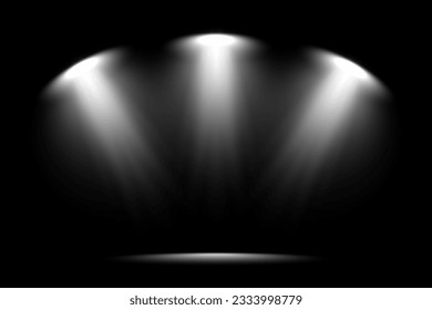 A vector spotlight shining on a scene with beams of light. The spotlight shines on the stage. Light from a lamp or spotlight. lighted scene. Design for presentation your product. Vector illustration.