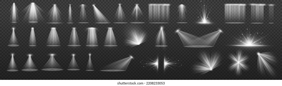 Vector spotlight. White color light effect. Glowing isolated golden sparkling light effect. Spark spotlight special effect design. Ray vector element. Glowing isolated yellow transparent.