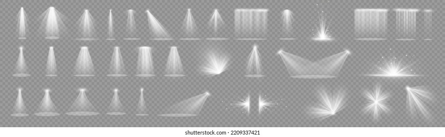 Vector spotlight. White color light effect. Glowing isolated golden sparkling light effect. Spark spotlight special effect design. Ray vector element. Glowing isolated yellow transparent.