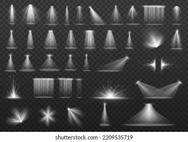 Vector spotlight. White color light effect. Glowing isolated golden sparkling light effect. Spark spotlight special effect design. Ray vector element. Glowing isolated yellow transparent.