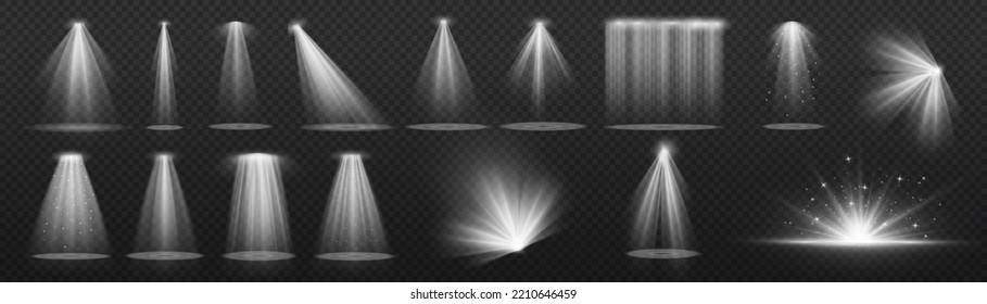 Vector spotlight. White color light effect. Glowing isolated golden sparkling light effect. Spark spotlight special effect design. Ray vector element. Glowing isolated yellow transparent.