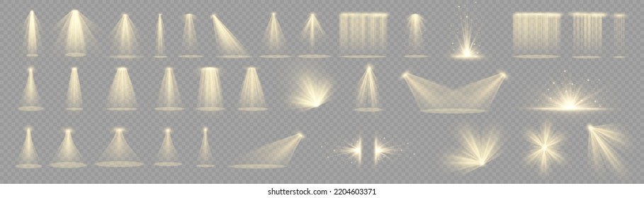 Vector spotlight. Yellow color light effect. Glowing isolated golden sparkling light effect. Spark spotlight special effect design. Ray vector element. Glowing isolated yellow transparent.