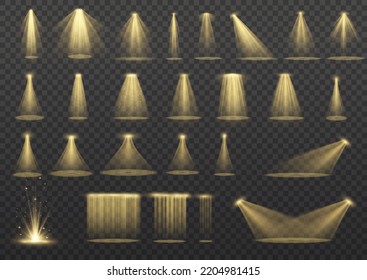 Vector spotlight. Yellow color light effect. Glowing isolated golden sparkling light effect. Spark spotlight special effect design. Ray vector element. Glowing isolated yellow transparent.