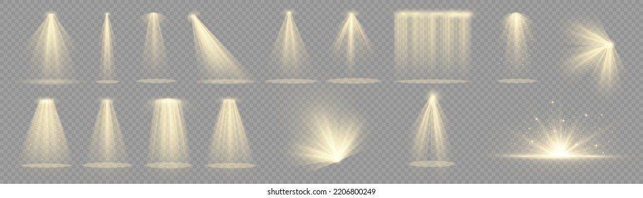 Vektorfoto. Gelber Farblichteffekt. Glühender, isolierter goldener Lichteffekt. Spark-Scheinwerfer Spezialeffektdesign. Ray-Vektorelement. Glühend einzeln gelb transparent.