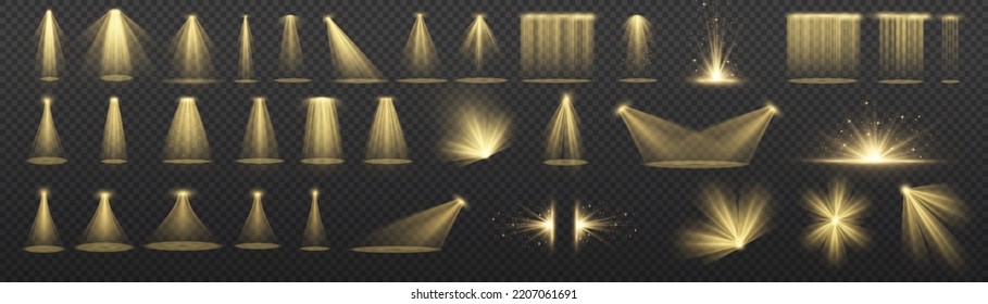 Vector spotlight. Yellow color light effect. Glowing isolated golden sparkling light effect. Spark spotlight special effect design. Ray vector element. Glowing isolated yellow transparent.