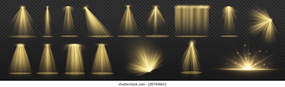 Vector spotlight. Yellow color light effect. Glowing isolated golden sparkling light effect. Spark spotlight special effect design. Ray vector element. Glowing isolated yellow transparent.