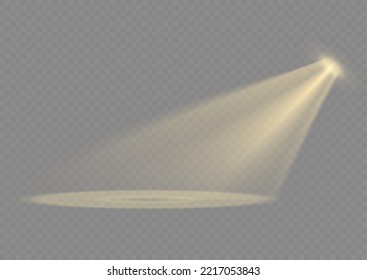 Vector spotlight. Yellow color light effect. Glowing isolated golden sparkling light effect. Spark spotlight special effect design. Ray vector element. Glowing isolated yellow transparent.