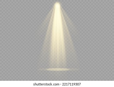 Vector spotlight. Yellow color light effect. Glowing isolated golden sparkling light effect. Spark spotlight special effect design. Ray vector element. Glowing isolated yellow transparent.