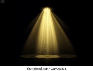 Vector spotlight. Yellow color light effect. Glowing isolated golden sparkling light effect. Spark spotlight special effect design. Ray vector element. Glowing isolated yellow transparent.