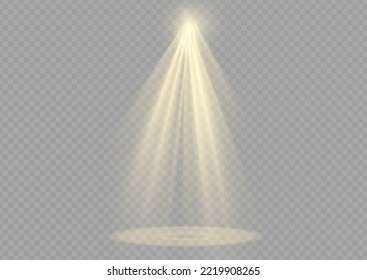 Vector spotlight. Yellow color light effect. Glowing isolated golden sparkling light effect. Spark spotlight special effect design. Ray vector element. Glowing isolated yellow transparent.
