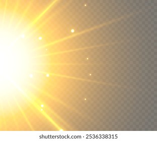 Vector spotlight. Yellow colour light effect. Glowing isolated golden sparkling light effect. Spark spotlight special effect design. Ray vector element. Glowing isolated yellow transparent.