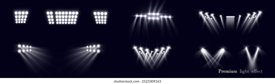 Projetores vetoriais com luz brilhante para iluminação de palco. Refletor com luz branca brilhante. Destaque de vetor para estúdio. Ilustração vetorial