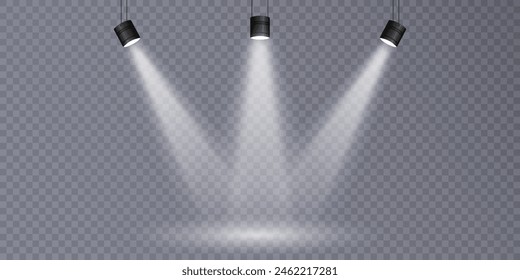 Vector spotlights with bright white light to illuminate the stage. Spotlight with bright white light. Vector spotlight for studio. Vector illustration