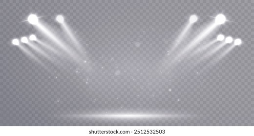 Projetores vetoriais com luz branca brilhante para iluminar o palco. Refletor com luz branca brilhante. Destaque de vetor para estúdio. 